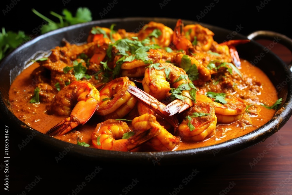 A flavorful spicy shrimp curry brimming with rich spices and garnished with fresh herbs perfect for a hearty meal shared among friends or family A flavorful spicy shrimp curry brimming with rich spices and garnished with fresh herbs perfect for a hearty meal shared among friends or family