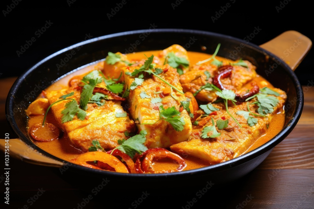 This mouthwatering fish curry is bursting with flavor showcasing tender fish pieces simmered in a rich aromatic sauce garnished with fresh herbs This mouthwatering fish curry is bursting with flavor showcasing tender fish pieces simmered in a rich aromatic sauce garnished with fresh herbs