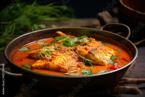 Succulent fish curry is served in a rustic bowl showcasing tender fish fillets simmered in a spicy flavorful sauce with herbs and garnishes