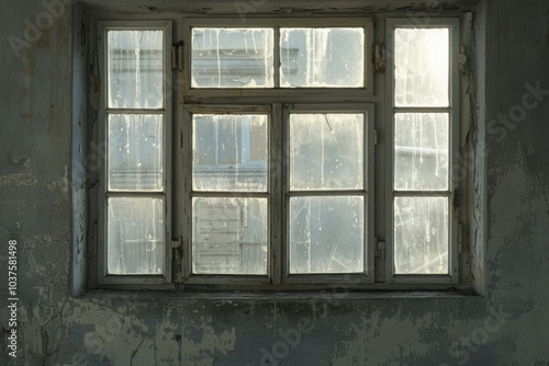 Very dusty Soviet window, gray background, no background, frontal, blurry lighting, no shadows.