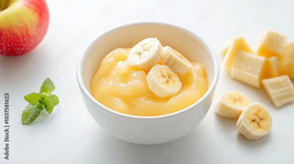 Freshly pureed banana in a clean white baby bowl with sliced apples and mint for healthy baby meals Freshly pureed banana in a clean white baby bowl with sliced apples and mint for healthy baby meals
