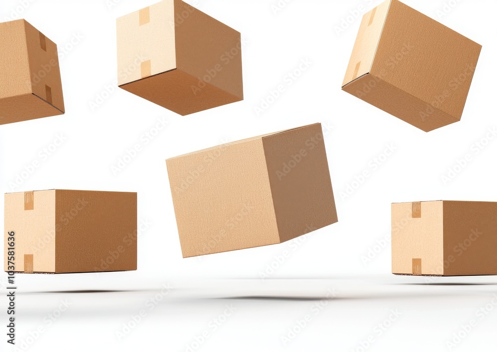A group of product boxes order falling with shadows. Marketplace and transport. White background. Business e-commerce online shopping concept. A group of product boxes order falling with shadows. Marketplace and transport. White background. Business e-commerce online shopping concept.