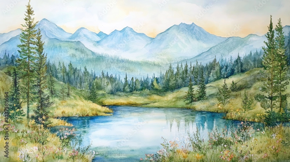 Scenic mountain landscape captured in mixed media Scenic mountain landscape captured in mixed media