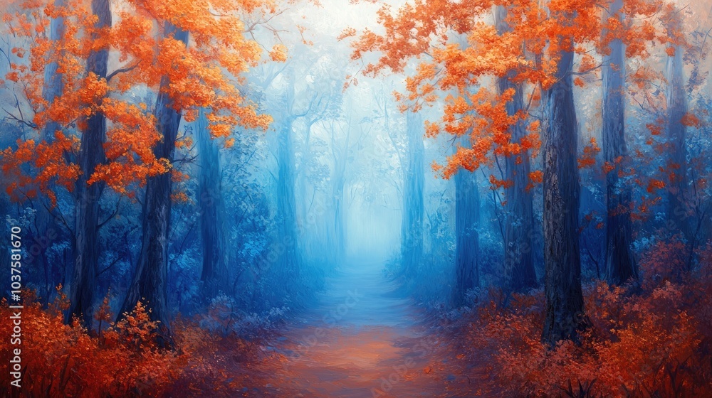 Oil painting depicting a mystical forest shrouded in blue fog during autumn featuring vibrant trees with orange and red leaves and a serene path through the enchanting scenery Oil painting depicting a mystical forest shrouded in blue fog during autumn featuring vibrant trees with orange and red leaves and a serene path through the enchanting scenery