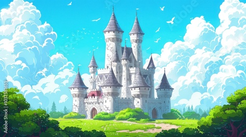 Wallpaper Mural A fairytale castle with many towers, set on a lush green field under a blue sky filled with fluffy white clouds. Torontodigital.ca