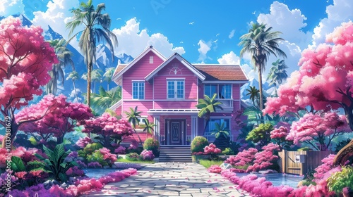 A beautiful home surrounded by lush tropical plants and blooming flowers, in a quiet countryside setting.