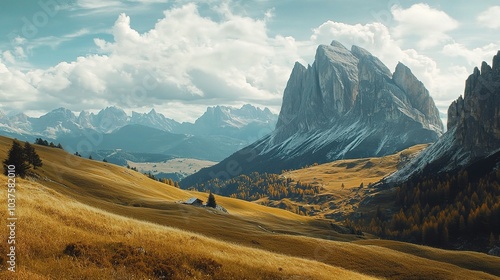 Majestic Dolomites: Autumnal landscape of the Italian Dolomites, showcasing dramatic peaks, rolling hills, and a picturesque valley bathed in the warm glow of sunlight.