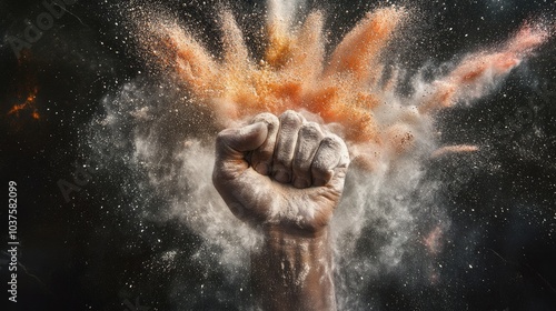 Raised fist with powder explosion symbolizing empowerment and protest photo