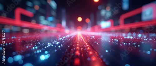 Wide angle shot of a blurred neon lights background. Neon city lights in bokeh style. Futuristic backdrop.