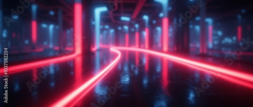 Wide angle shot of a blurred neon lights background. Neon city lights in bokeh style. Futuristic backdrop.