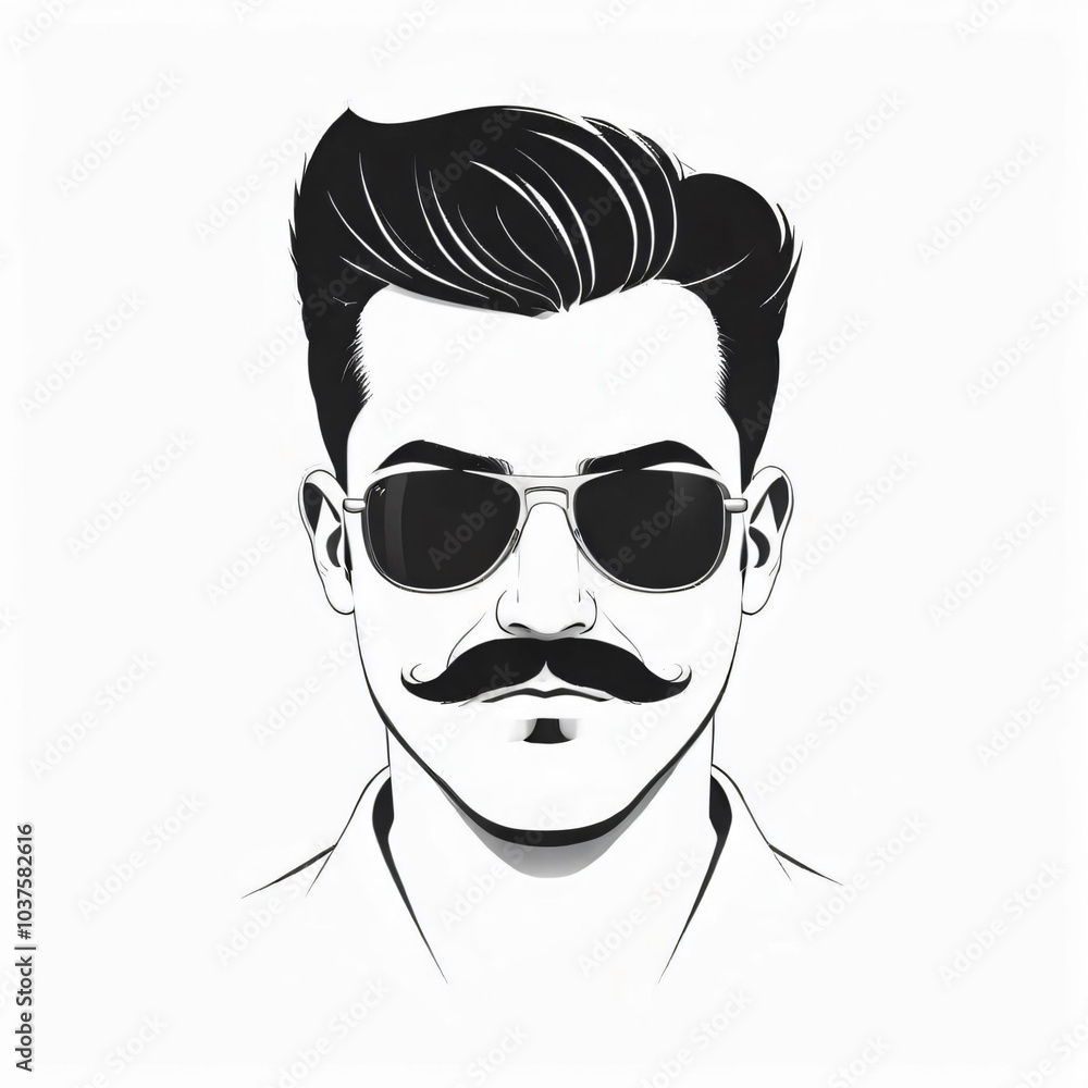 Handsome man head in glasses with mustache and fashion hairstyle in vintage monochrome style Handsome man head in glasses with mustache and fashion hairstyle in vintage monochrome style