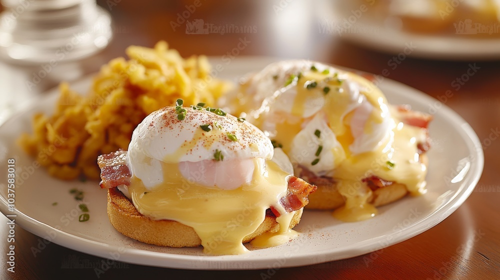 A plate of classic eggs Benedict with poached eggs, Canadian bacon, and hollandaise sauce A plate of classic eggs Benedict with poached eggs, Canadian bacon, and hollandaise sauce