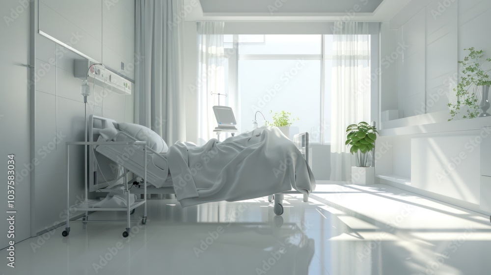 Hospital Room with White Bed and Sunlight Hospital Room with White Bed and Sunlight