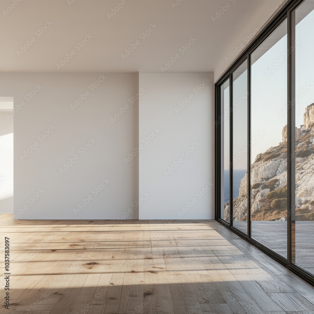 A large empty room with a window overlooking the ocean A large empty room with a window overlooking the ocean