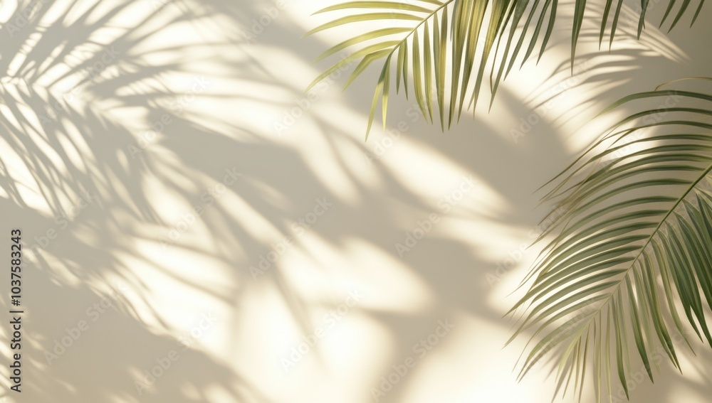 Fototapeta premium A leafy palm tree casts a shadow on a white wall