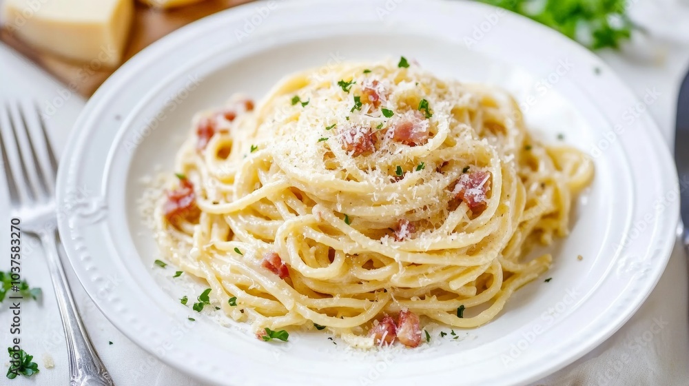 A plate of classic spaghetti carbonara with pancetta and a creamy sauce, served on a white plate, Spaghetti centered A plate of classic spaghetti carbonara with pancetta and a creamy sauce, served on a white plate, Spaghetti centered