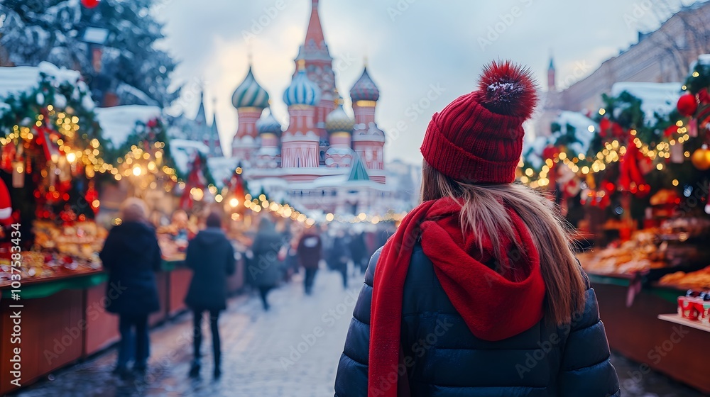 Obraz premium Woman in Red Hat Walking Through a Festive Christmas Market in Front of the Red Square
