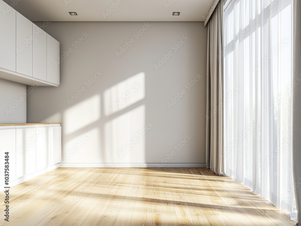 Fototapeta premium A large empty room with a white wall and wooden floors
