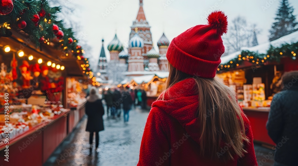 Obraz premium Woman in Red Clothing at a Christmas Market in Front of a Church