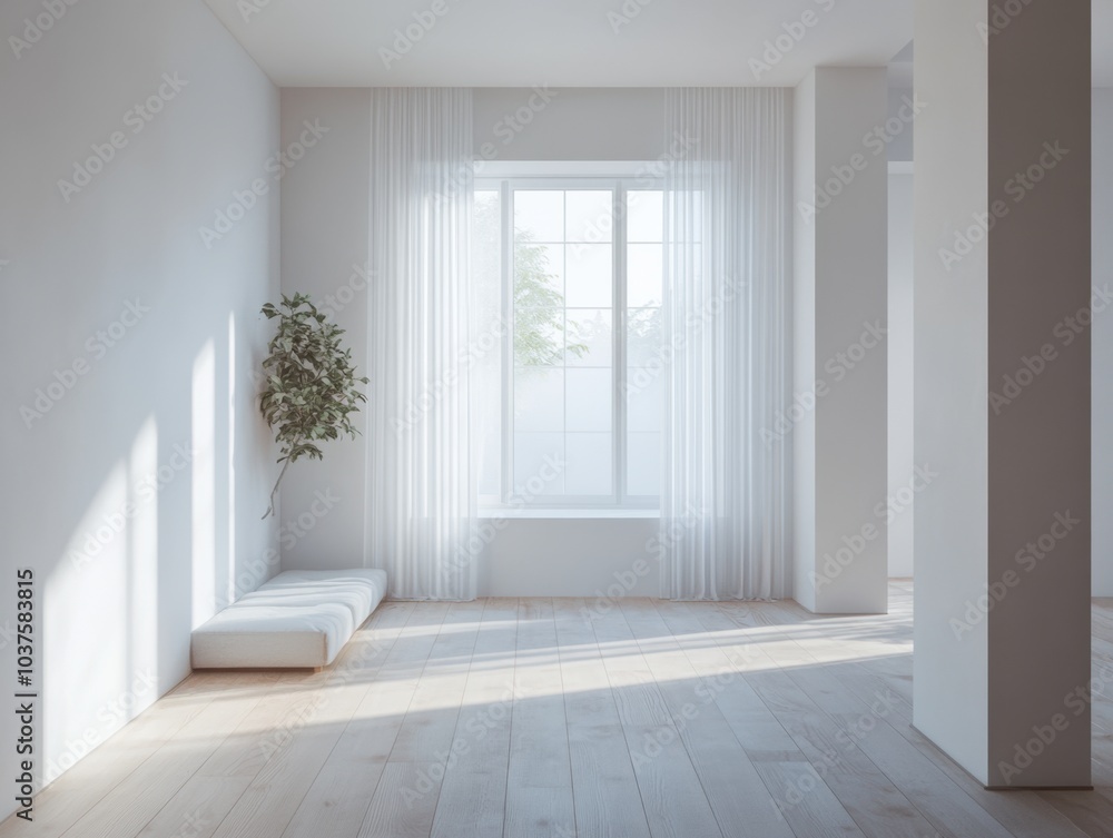 Fototapeta premium A white room with a window and a bench