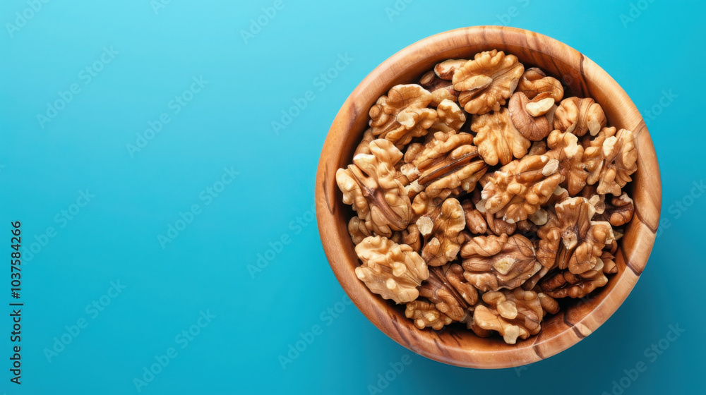 Walnut kernel halves, in a wooden bowl. Close-up, from above on colored background. Walnut kernel halves, in a wooden bowl. Close-up, from above on colored background.