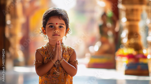 Portrait of little devotee girl praying in temple, hindu culture