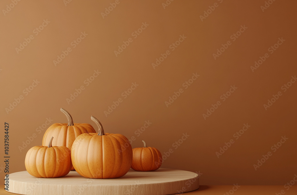 Four pumpkins sit on a wooden platform in front of a brown wall. Thanksgiving day
Four pumpkins sit on a wooden platform in front of a brown wall. Thanksgiving day
