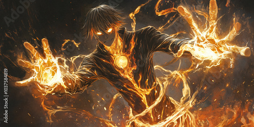 The image depicts a dark, demonic character with a fiery jack-o'-lantern-like grin. His eyes blaze with fire, and he holds two large flaming spheres in his hands. His face and chest feature sinister g
