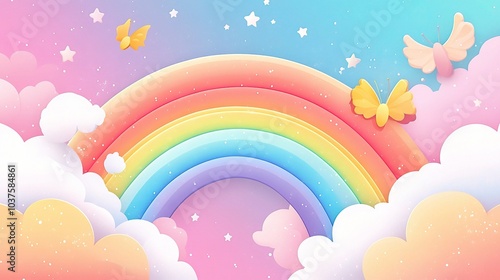 Rainbow Dreams: A whimsical and colorful illustration of a rainbow arching over fluffy clouds, adorned with sparkling stars and delicate butterflies. Perfect for evoking a sense of wonder, joy.