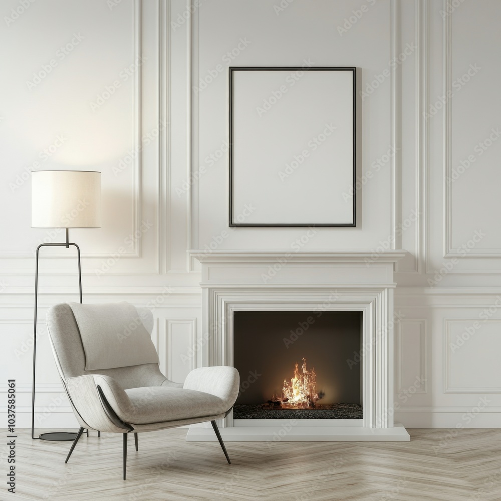 A white chair is sitting in front of a fireplace A white chair is sitting in front of a fireplace