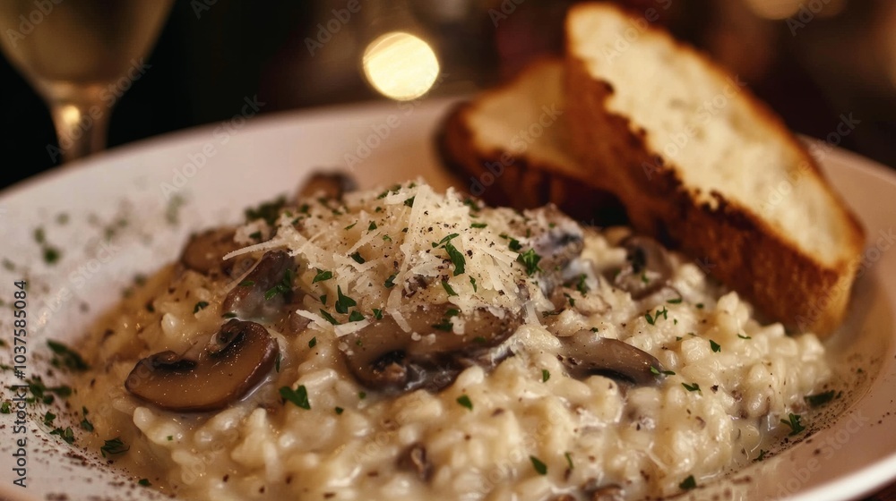 A plate of creamy mushroom risotto with Arborio rice, wild mushrooms, Parmesan cheese A plate of creamy mushroom risotto with Arborio rice, wild mushrooms, Parmesan cheese