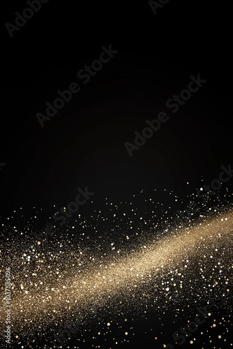 Abstract background, golden glow trail with bright shimmering texture, on black background. AI generation.