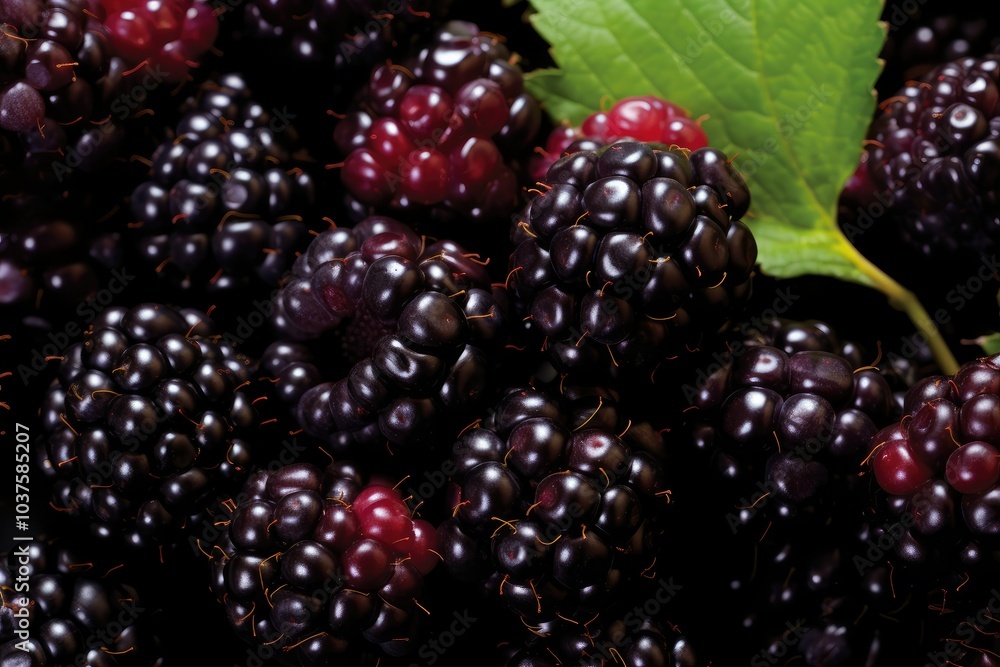 A close up view reveals an assortment of ripe boysenberries and blackberries alongside lush green leaves perfect for adding flavor to various dishes A close up view reveals an assortment of ripe boysenberries and blackberries alongside lush green leaves perfect for adding flavor to various dishes