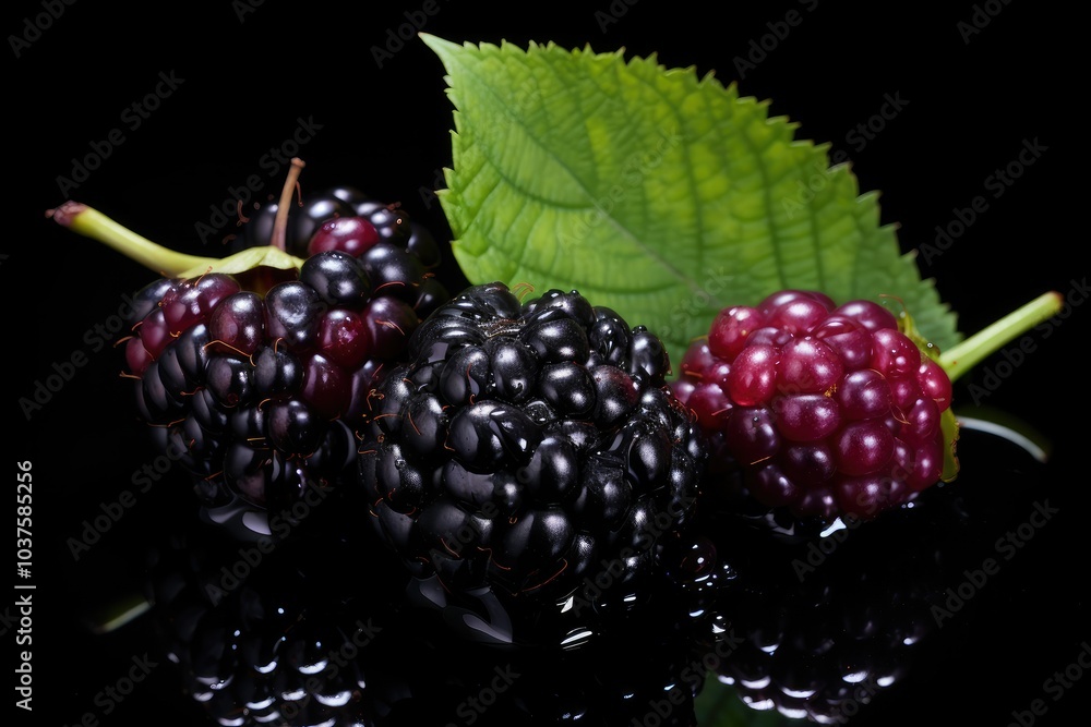 A cluster of ripe blackberries and boysenberries is arranged beautifully on a glossy black surface complemented by bright green leaves nearby A cluster of ripe blackberries and boysenberries is arranged beautifully on a glossy black surface complemented by bright green leaves nearby