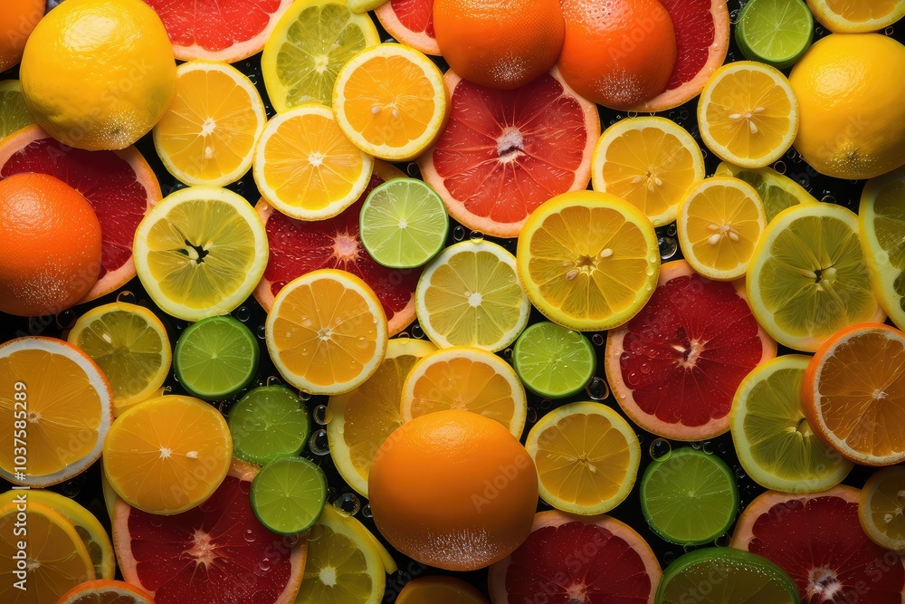 Bright citrus slices such as lemons limes oranges and grapefruits create a colorful and refreshing visual contrast against a dark backdrop inviting enjoyment Bright citrus slices such as lemons limes oranges and grapefruits create a colorful and refreshing visual contrast against a dark backdrop inviting enjoyment