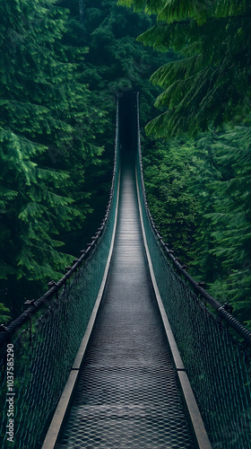 Bridge spans forest, tree lined path through nature landscape, green canopy invites travel into woods, adventure awaits on this scenic way, tourism thrives