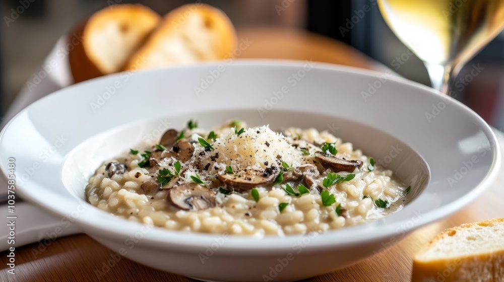 A plate of creamy mushroom risotto with parmesan cheese, fresh parsley, and a drizzle of truffle oil A plate of creamy mushroom risotto with parmesan cheese, fresh parsley, and a drizzle of truffle oil