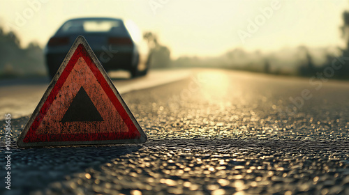 Triangle warning of car accident, sign alerts to problem on roadside, trouble with automobile signals breakdown, transportation safety compromised on road, copy space