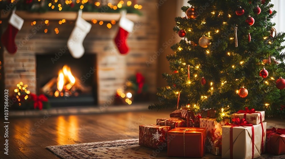 A Christmas Tree with Presents and a Fireplace in the Background A Christmas Tree with Presents and a Fireplace in the Background