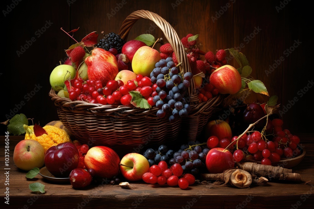 A rustic basket filled with a vibrant assortment of fresh fruits like apples grapes and strawberries is placed on a wooden table evoking warmth and abundance A rustic basket filled with a vibrant assortment of fresh fruits like apples grapes and strawberries is placed on a wooden table evoking warmth and abundance