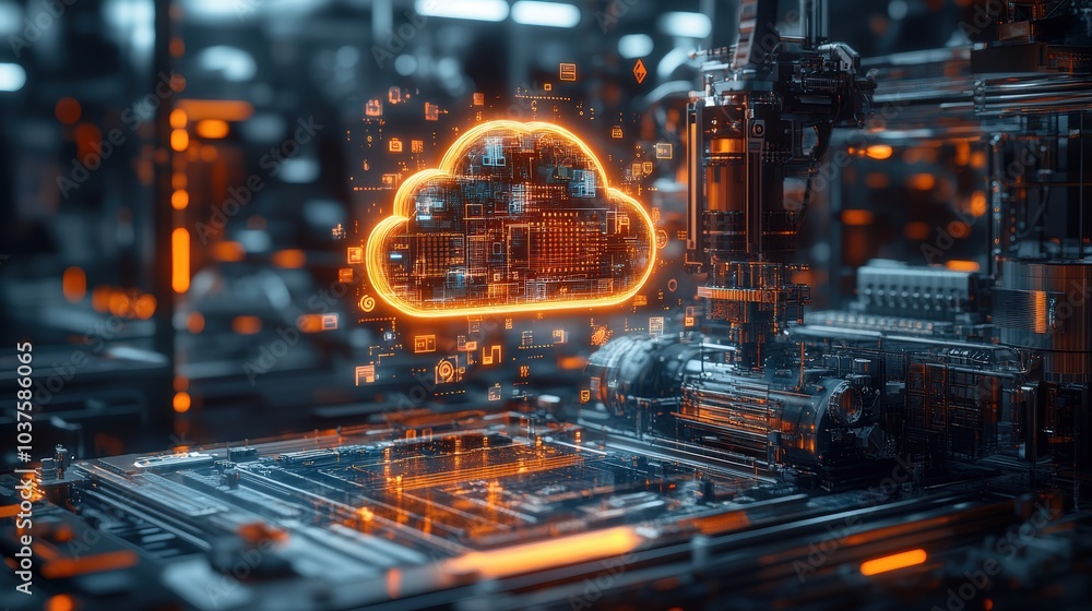 A 3D rendering of industrial cloud technology, featuring interconnected devices and data streams illustrated in a sleek, modern style A 3D rendering of industrial cloud technology, featuring interconnected devices and data streams illustrated in a sleek, modern style