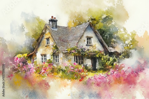 Quiant cottage watercolor illustration - Generative AI.  photo