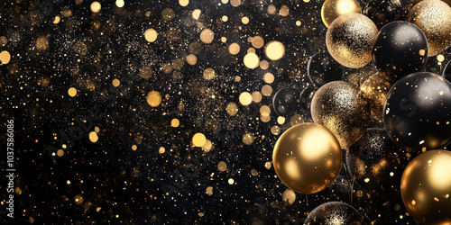 Black and gold background with gold and black balloons. The balloons are scattered throughout the background, creating a festive and celebratory atmosphere