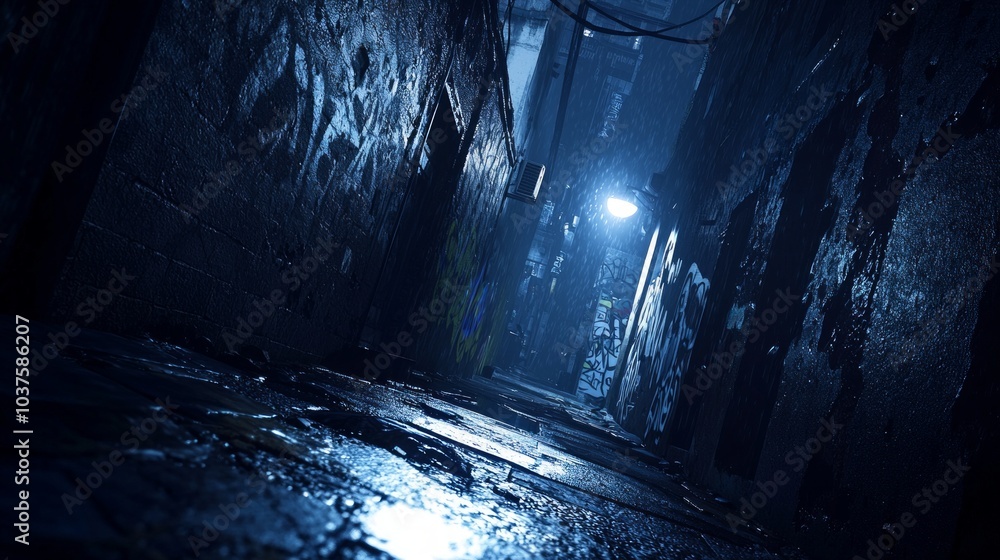Obraz premium Urban Decay: Shadowy Graffiti Alley with Flickering Streetlamp, Eerie Cinematic Atmosphere of Old Battles and Intrigue