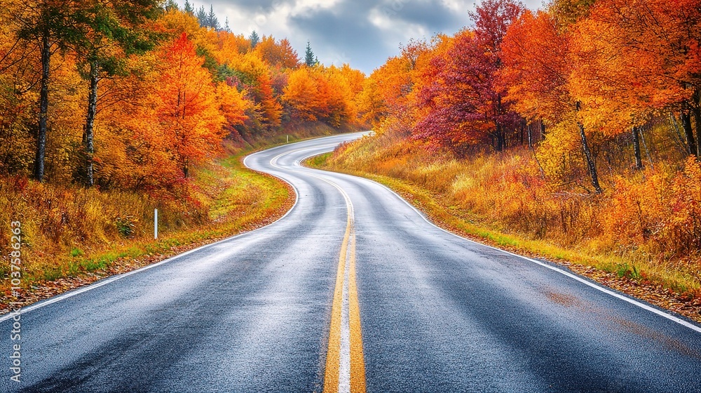 Winding Road Through Autumnal Glory: A picturesque winding road cuts through a vibrant autumnal landscape, painted in hues of fiery orange, amber, and gold. Winding Road Through Autumnal Glory: A picturesque winding road cuts through a vibrant autumnal landscape, painted in hues of fiery orange, amber, and gold.