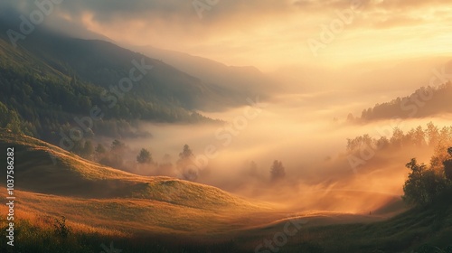 Golden Sunrise Valley: Misty morning landscape photography, showcasing a picturesque valley bathed in the warm glow of sunrise. Serene and tranquil atmosphere. 