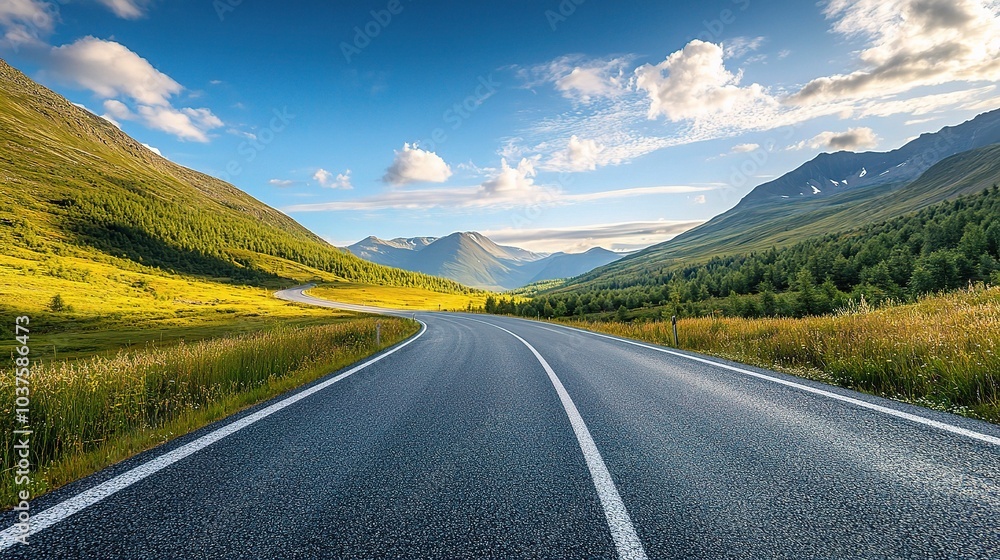 The Road Less Traveled: A winding asphalt road stretches toward the horizon, leading through a picturesque valley framed by majestic mountains and a vibrant sky. The Road Less Traveled: A winding asphalt road stretches toward the horizon, leading through a picturesque valley framed by majestic mountains and a vibrant sky.