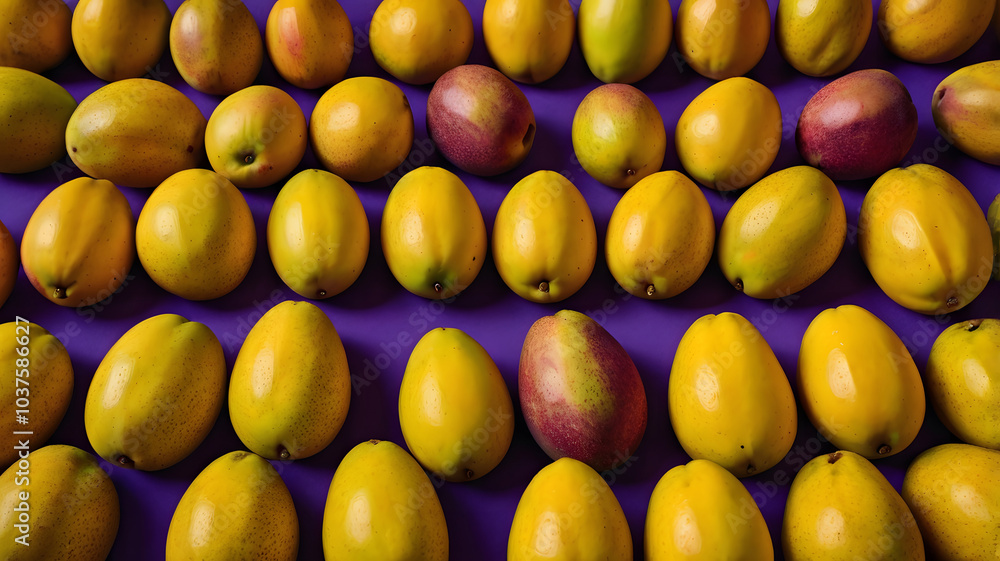 Fondo con abundantes mangos sobre fondo púrpura Fondo con abundantes mangos sobre fondo púrpura