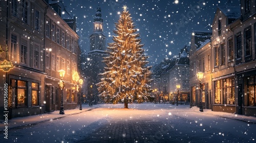 Snowy European Town Square with Illuminated Christmas Tree