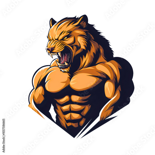 Muscular beast as animal logo, strong character isolated, power embodied in angry face, mascot illustration designed for impact, wildlife art meets photo